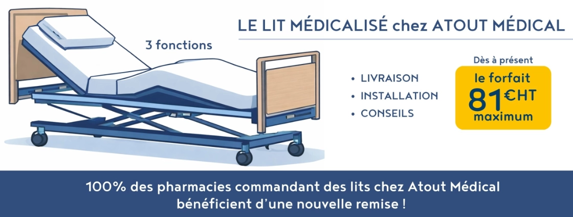 Le lit médicalisé 3 fonctions chez ATOUT MÉDICAL: Profitez dès à présent d'un forfait à 81 Euros Hors Taxe maximum